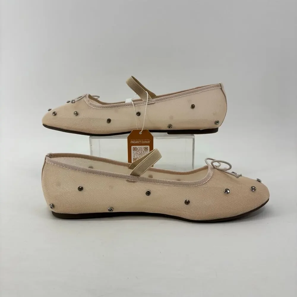 Project Cloud Amity Nude Rhinestone Ballet Flats Mesh Bow Glam